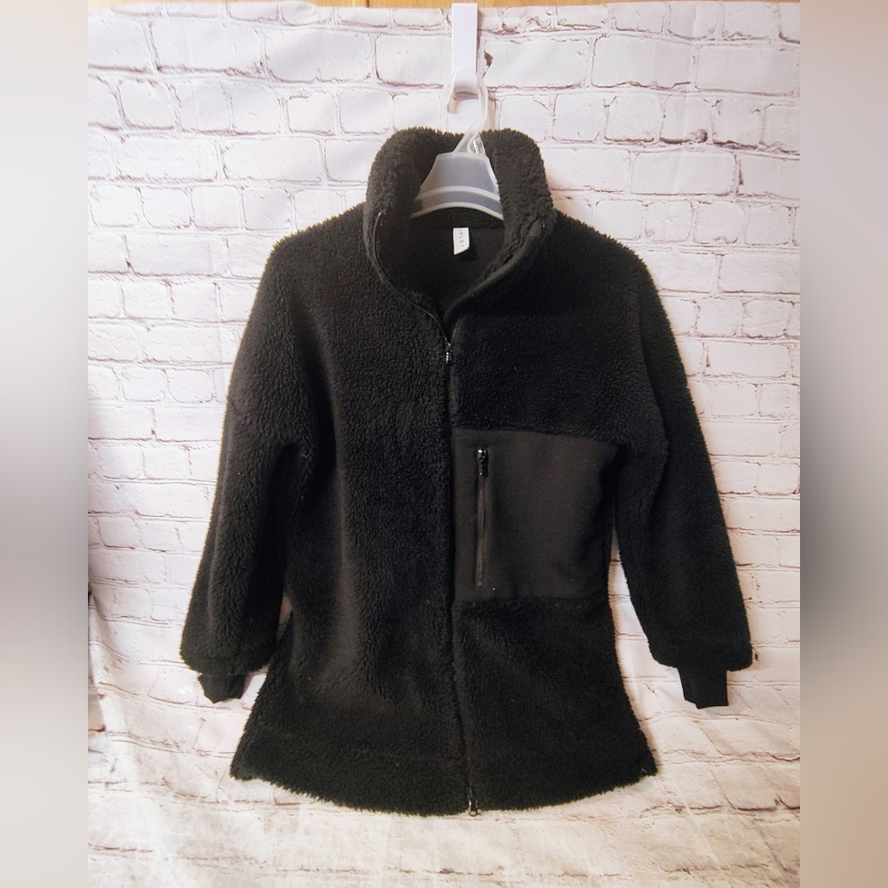 Varley Black Sherpa Full Zip Coat Small High Over Sized Teddy